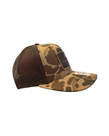 Bark Duck Camo Brown Hat Brown Patch Logo